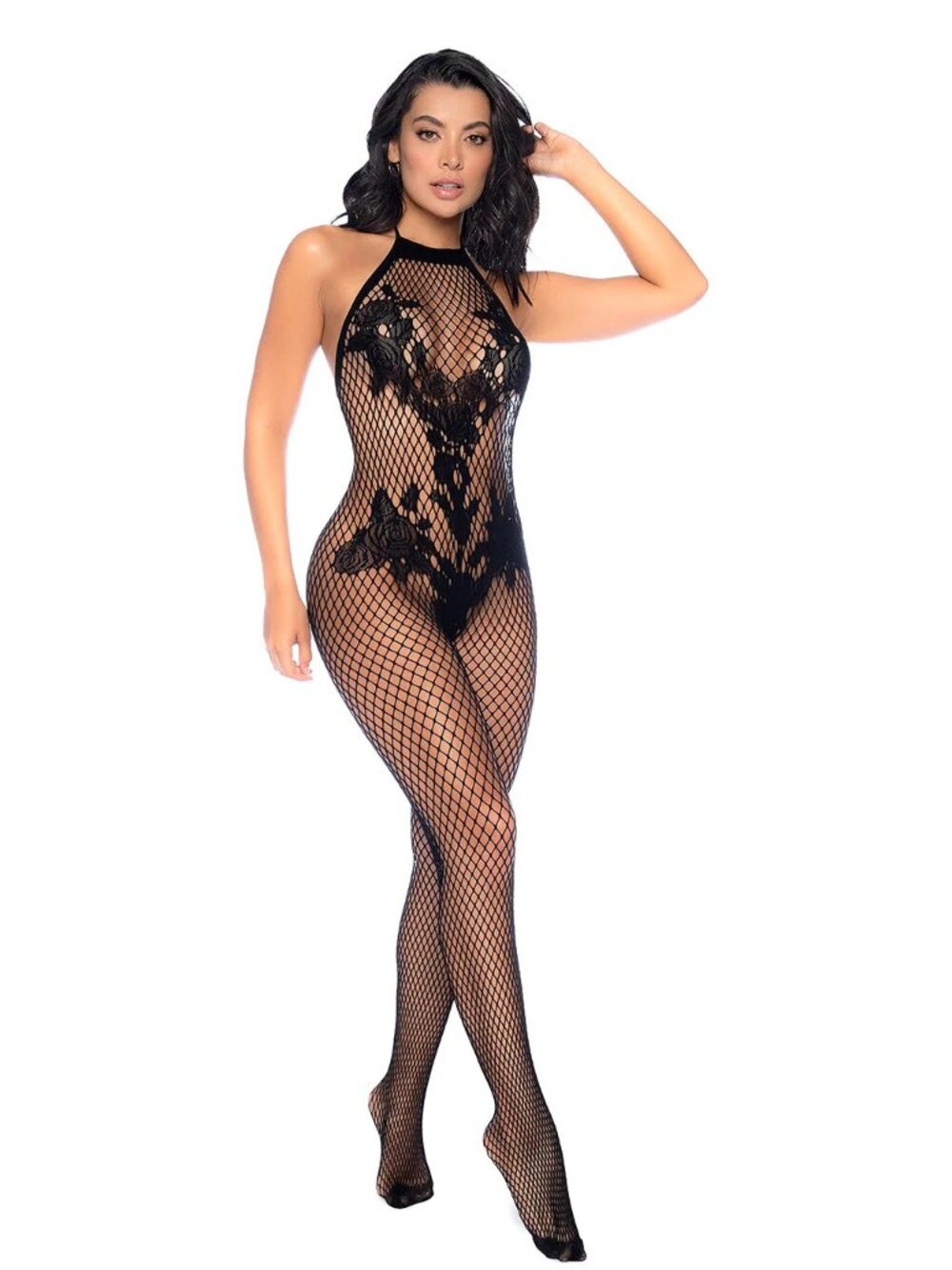 Mapalé Vino Noir Black Floral Fishnet Bodystocking – One Size